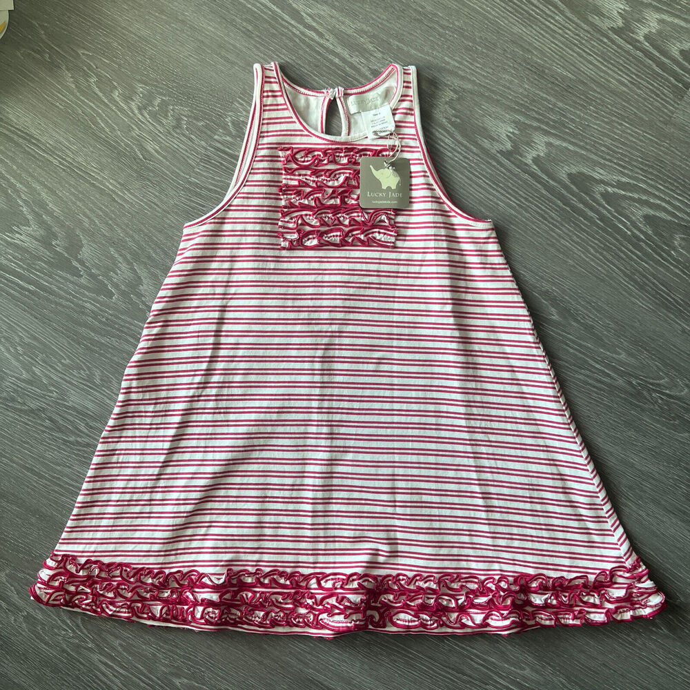 Lucky Jade Dress Kids Size 8 Red White Striped Sleeveless Ruffle